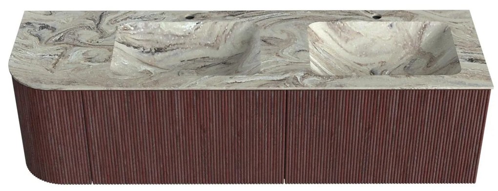 Mondiaz Kurve-dlux 155cm badmeubel ronding links ruby met 2 lades en 1 deur en wastafel leaf dubbel/rechts 2 kraangaten glace