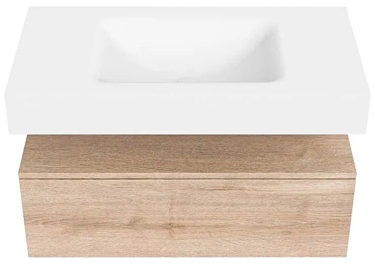 Zaro Alan badmeubel 90cm washed oak 1 lade met vrijhangende wastafel cloud midden 1 kraangat talc