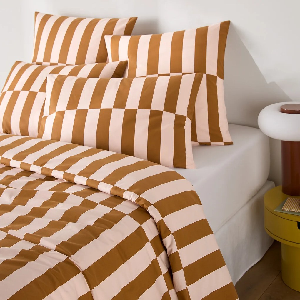 Dekbedovertrek van 50% gerecycled katoen, geometrische print, TABAKA CARAMEL