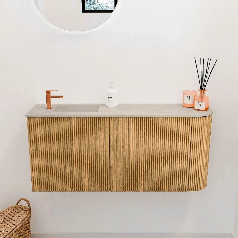 Mondiaz Joya DLux 90cm toiletmeubel ronding rechts oak met wastafel faye links 1 kraangat opalo