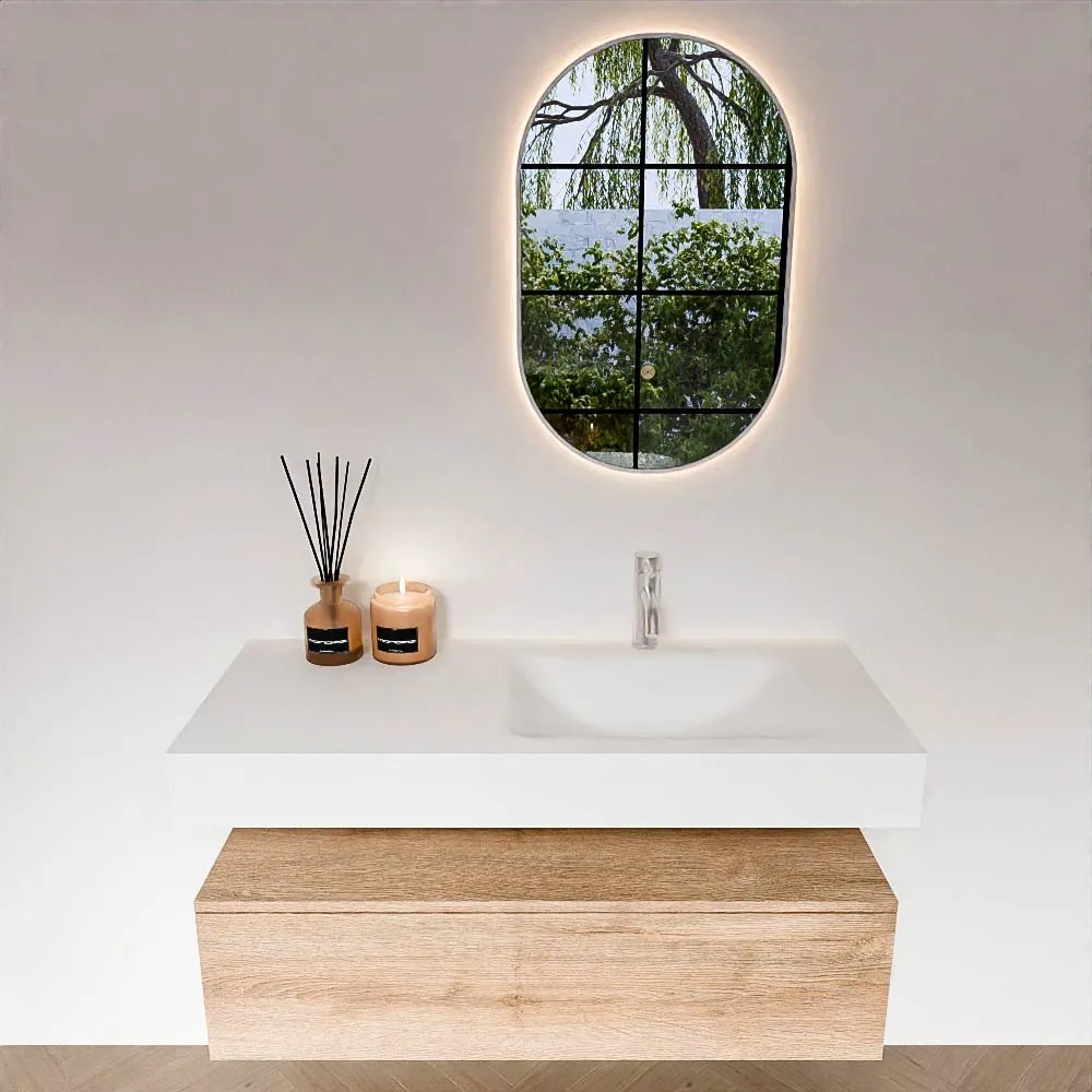 Zaro Alan badmeubel 110cm washed oak 1 lade met vrijhangende wastafel cloud rechts 1 kraangat talc