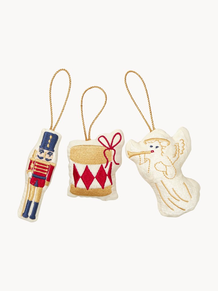 Handgeborduurde stoffen kerstboomhangers Nutcracker, 3-delig