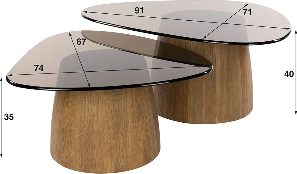 Driehoekige Salontafelset Met Rookglas - 91 X 75cm.