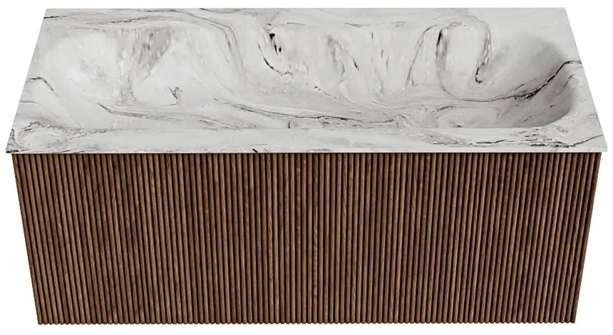 Mondiaz Kurve-dlux 100cm badmeubel walnut met 1 lade en wastafel big medium midden 1 kraangat glace
