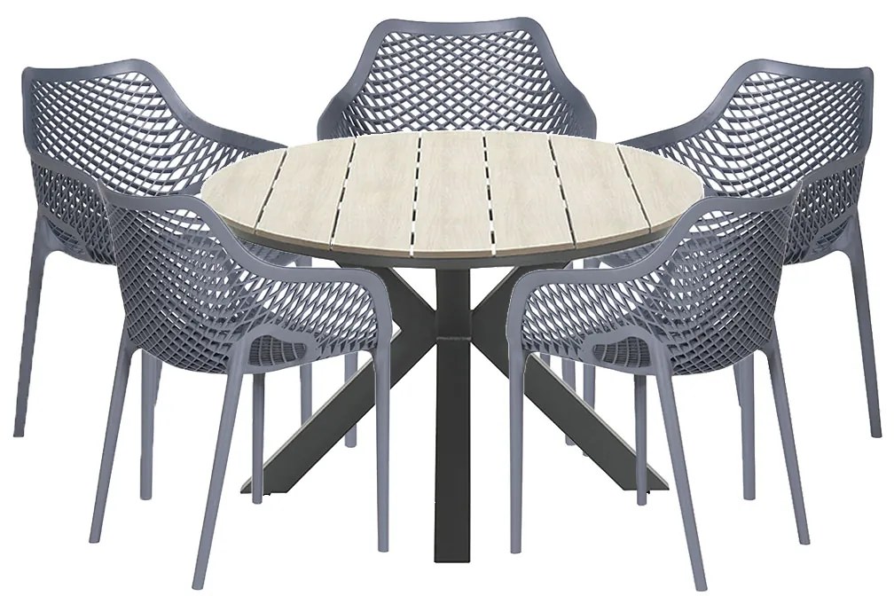 Garden Impressions Air XL tuinset 6-delig donker grijs - Tulli tuintafel Ø148x75 cm light teak look