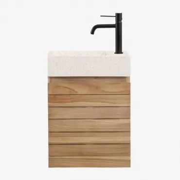 Conjunto Vaniteitmeubel Zwevend Van Teakhout Met Geïntegreerde Wasbak Van Napier-cement Teakhout & Spiegelloze & Zwart ↑20 Cm - Sklum