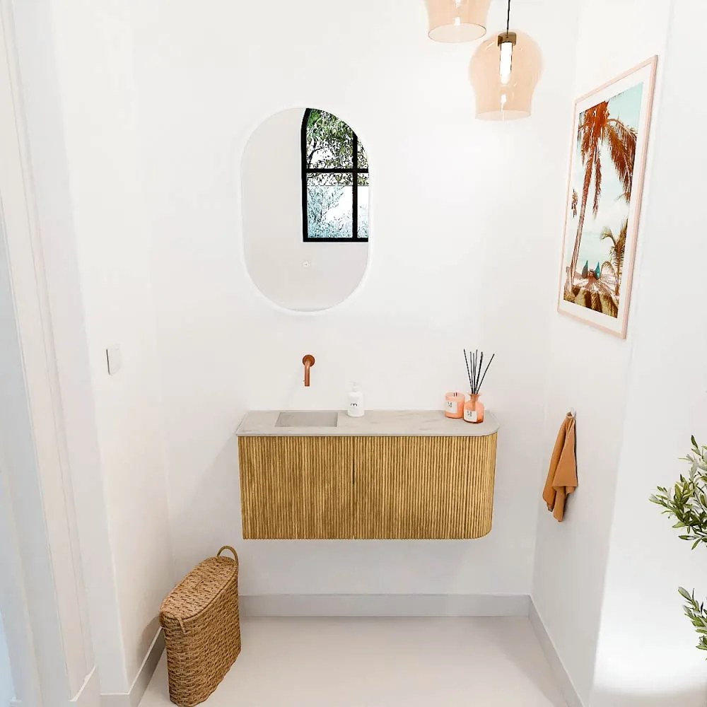 Mondiaz Joya DLux 90cm toiletmeubel ronding rechts oak met wastafel faye links zonder kraangat opalo
