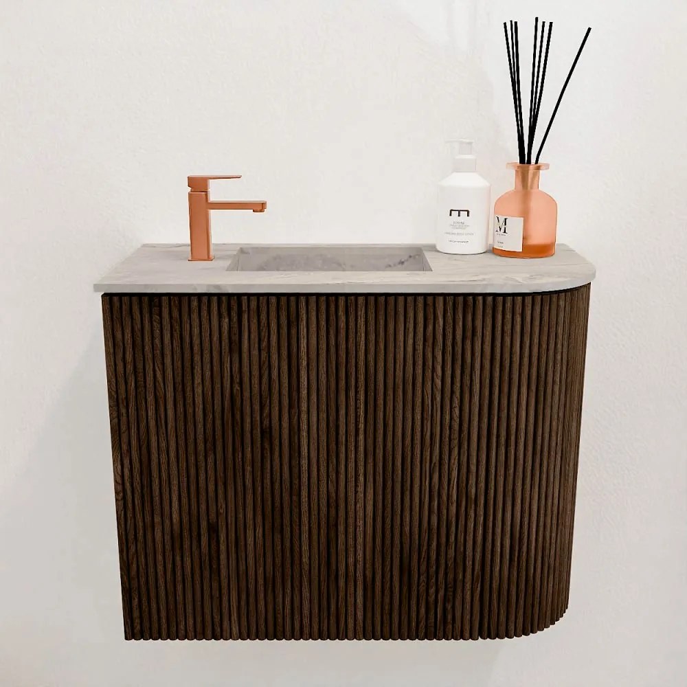 Mondiaz Joya DLux 50cm toiletmeubel ronding rechts walnut met wastafel faye links 1 kraangat glace