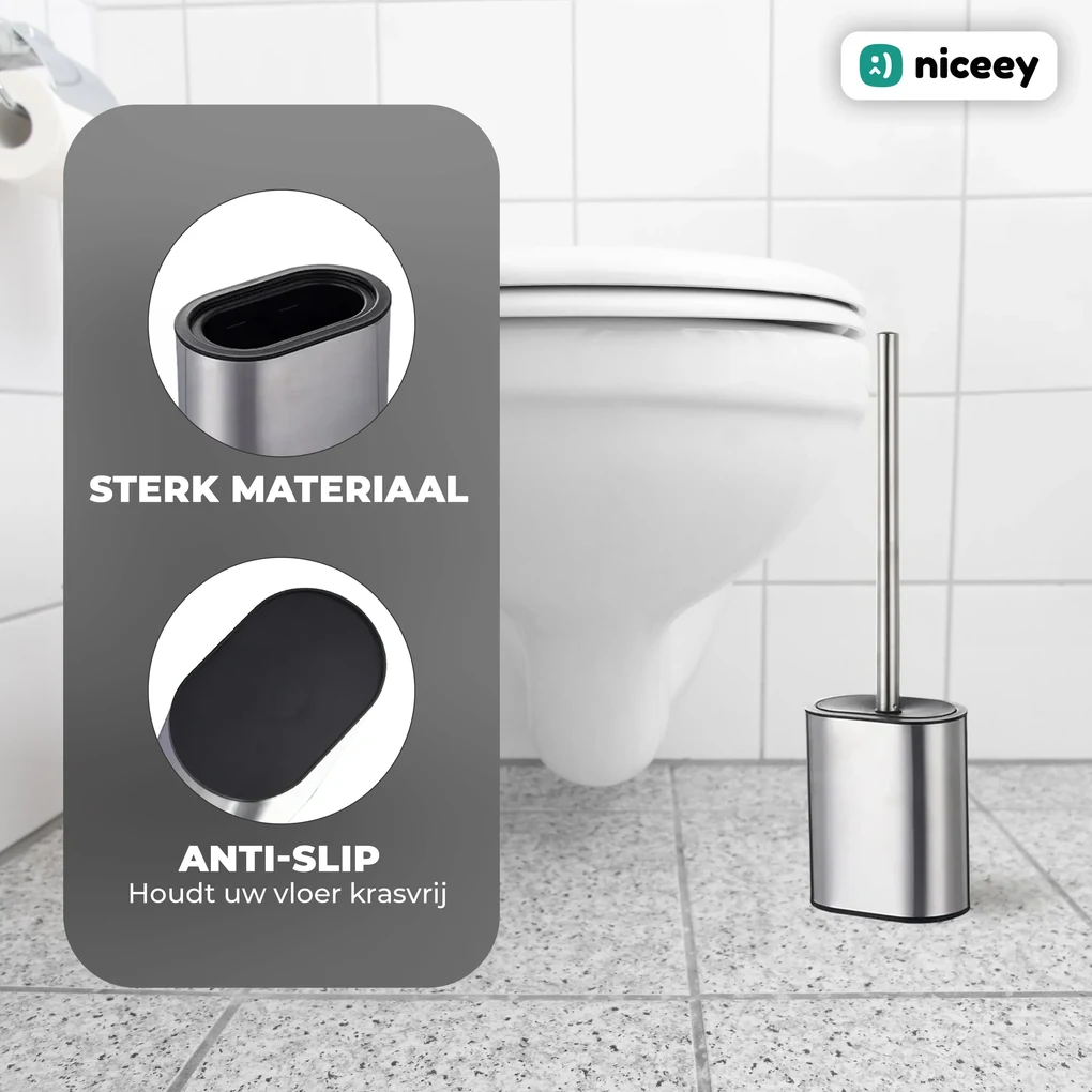 Niceey Silicone Toiletborstel en Houder - WC borstel - RVS