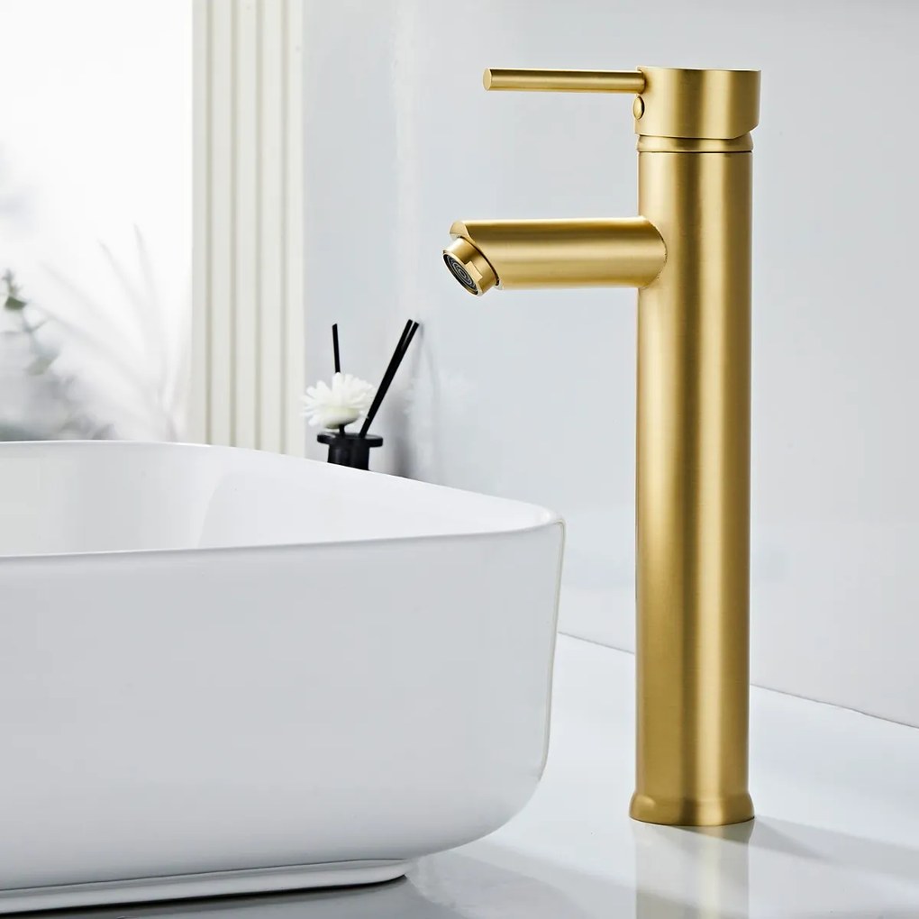 Saniclear Brass verhoogde wastafelkraan geborsteld messing mat goud