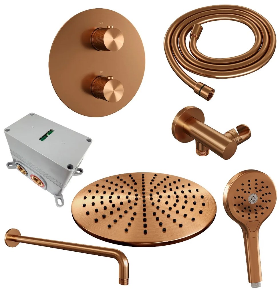 Brauer Copper Carving thermostatische inbouw regendouche met 3 standen handdouche, gebogen muurarm en hoofddouche 30cm set 82 koper geborsteld PVD