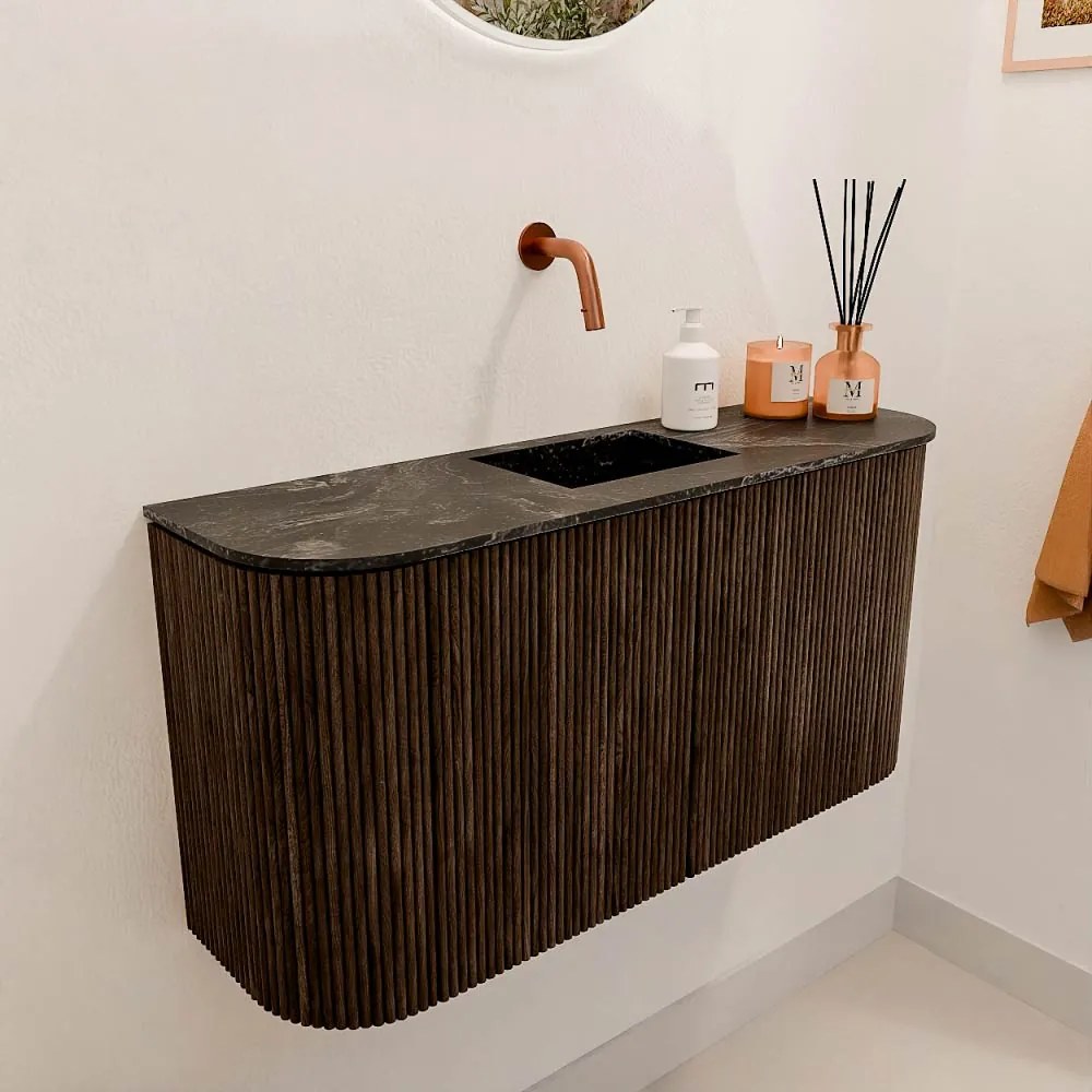 Mondiaz Joya DLux 85cm toiletmeubel ronding links/rechts walnut met wastafel faye midden zonder kraangat lava