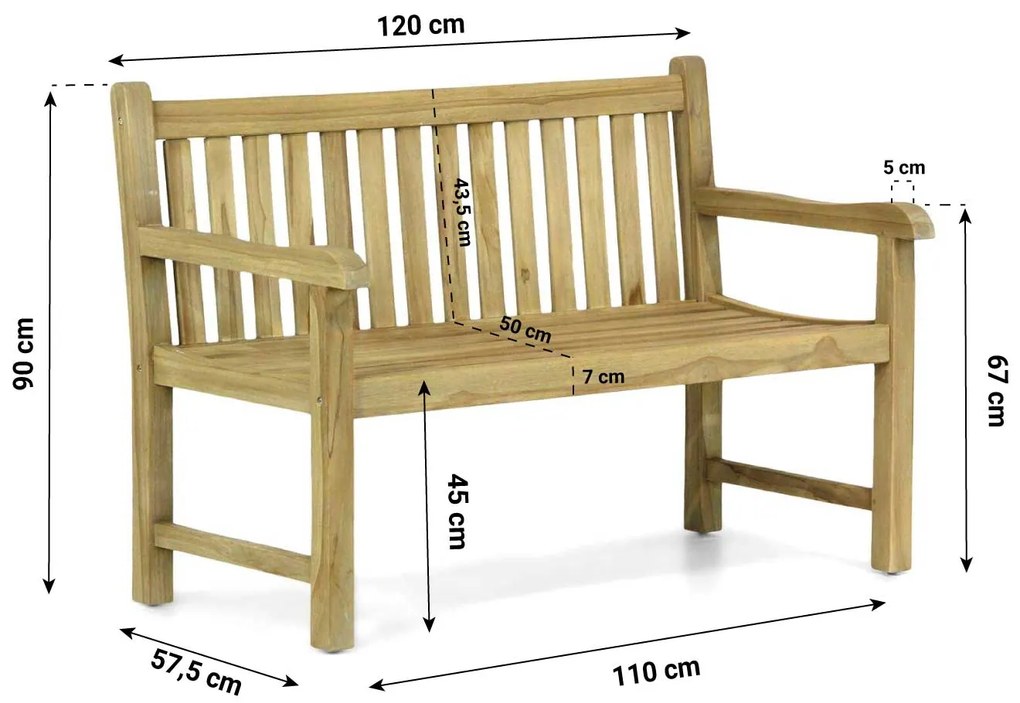 Tuinbank  teak 120 cm incl. kussen antraciet Teak Old teak greywash Garden Collections Preston  incl. kussen antraciet