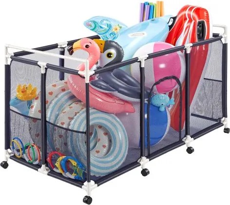VEVOR Zwembadopbergbak 1590x815x915 mm, organizer met zijvakken, PVC-frame, gaasmand, opbergdoos, opbergmand, opbergkar voor zwembadspeelgoed