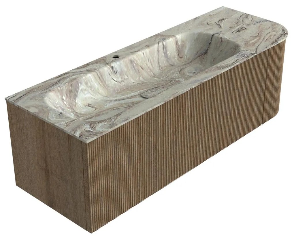 Mondiaz Kurve-dlux 135cm badmeubel ronding rechts dusk met 1 lade en deur en wastafel big medium kraangat links glace