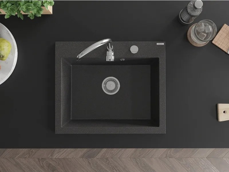 Mexen Elix granieten keukenwastafel 1-komorowy 600 x 500 mm, zwart gespikkeld, chromen sifon - 6525601005-76