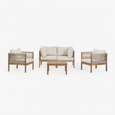 Woonkamerset Met 2-delige Modulaire Bank Met Armleuningen, 2 Fauteuils En Salontafel In Branson Acaciahout Wit Gardenia - Bruin Acacia - Sklum