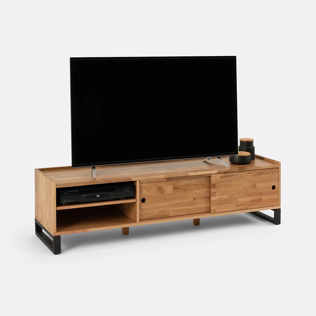 Tv-meubel, massief eiken, eikenfineer en staalmetaal, Hiba