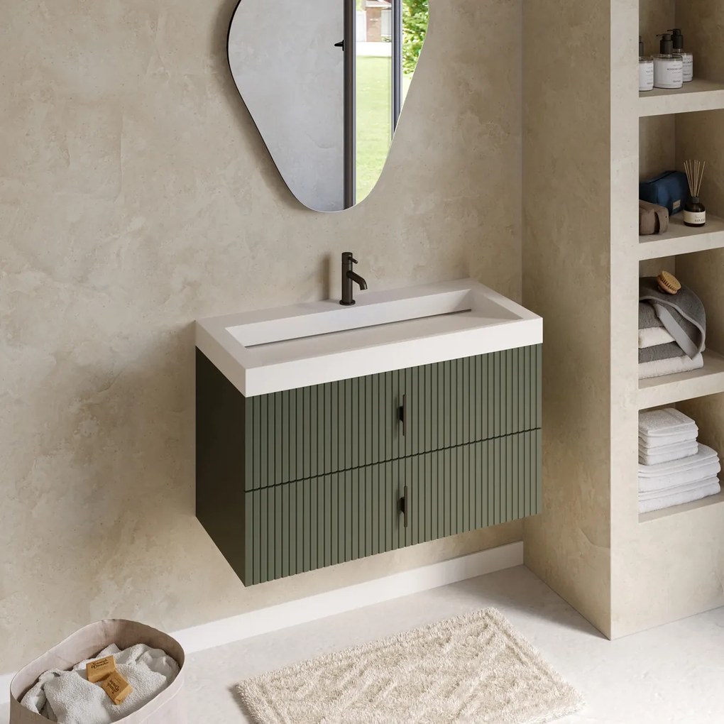Muebles Estella badmeubel ribbelfront 100cm legergroen met solid surface wastafel met kraangat