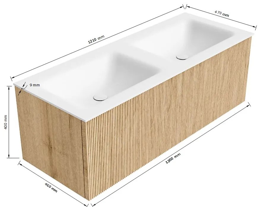 Mondiaz Kurve 120cm badmeubel walnut met 1 lade en wastafel cloud dubbel zonder kraangat