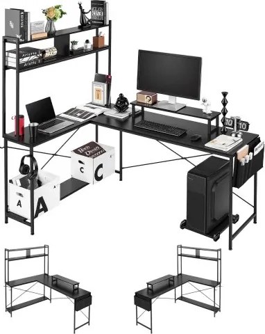 VEVOR Gaming Bureau L-vormig 1,7 m, Gamerbureau met monitorstandaard en uitschuifbare CPU-standaard, Hoekbureau met een draagvermogen van 68 kg, Hoekcomputerbureau, Werkstation voor Thuiswerkplek