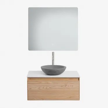 Tedrik Zwevend Badkamermeubelset 80x50 Cm In Essenhout Ash Brown & Rond Grijs Cement Ø40 Cm Tarsis & Rechthoekige Led En Anticondens 80x70 Cm Riben -