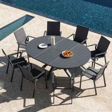 Set Van 145-200x145 Cm Barces Ronde Uitschuifbare Tafel En 8 Karena Stapelbare Aluminium Tuinstoelen Met Armleuningen Grijs – Grafiet - Sklum