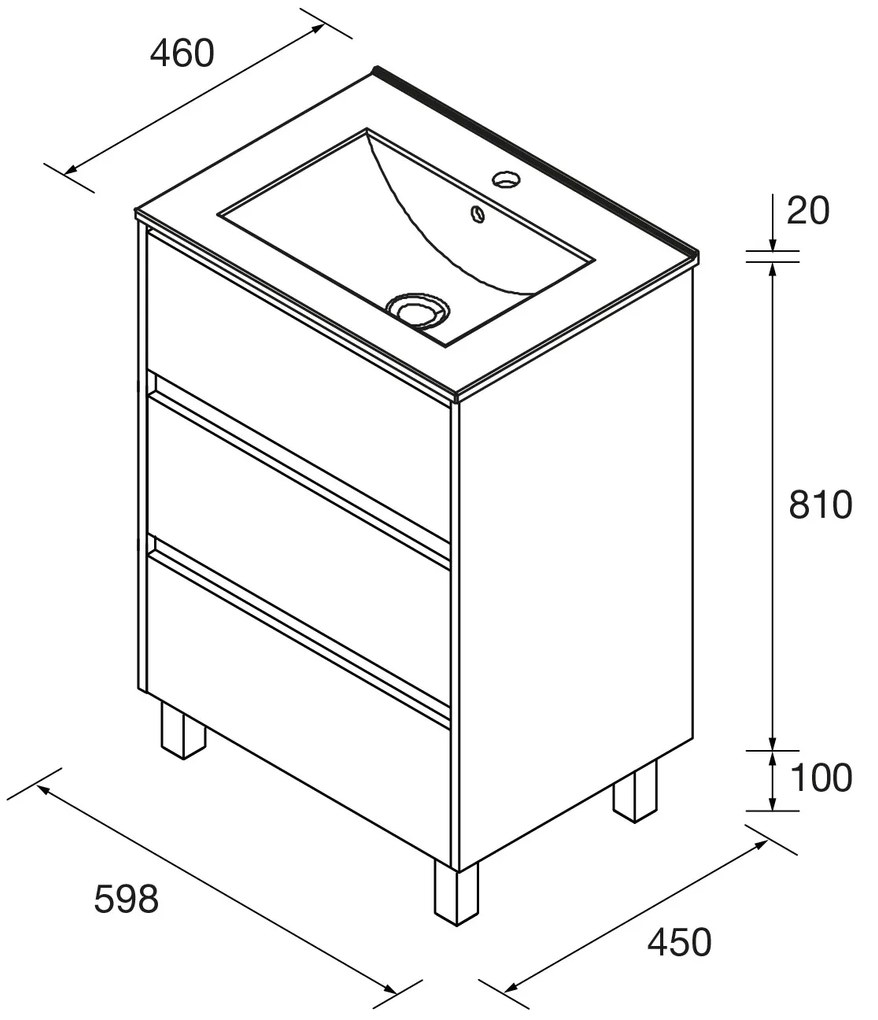 Muebles Project badmeubel 60cm met 3 lades en wastafel warm eiken