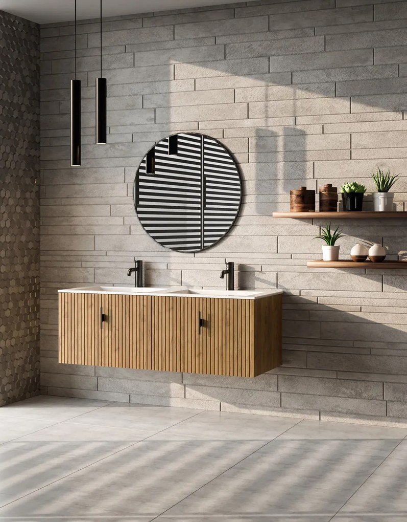 Muebles Raya badmeubel ribbelfront 120cm warm eiken met witte wastafel met kraangat