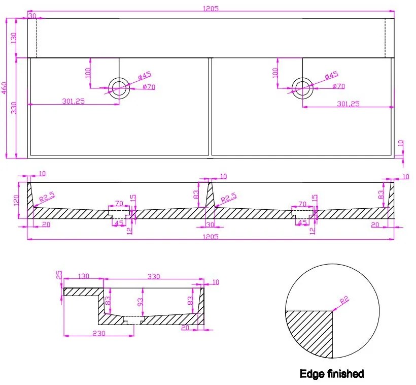 Saniclear Dark Emperador marmeren wastafel 120x46cm zonder kraangaten