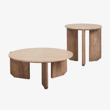 Set Van 2 Ronde Salontafels In Natuursteen En Mangohout Lavinia Travertine & Mangohout - Sklum