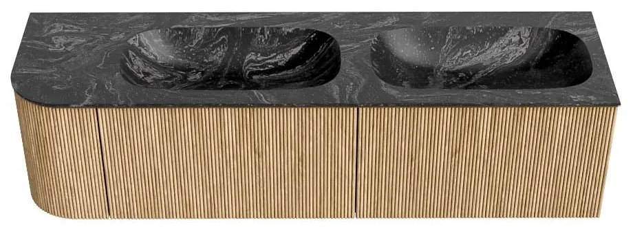 Mondiaz Kurve-dlux 165cm badmeubel ronding links oak met 2 lades en 1 deur en wastafel stor small dubbel/rechts zonder kraangat lava