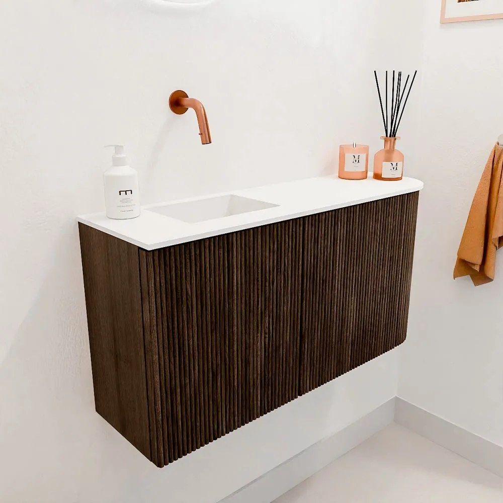 Mondiaz Joya 80cm toiletmeubel ronding rechts walnut met wastafel faye links zonder kraangat talc
