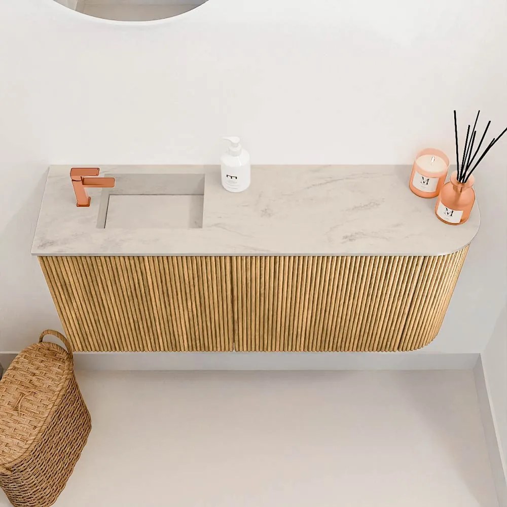 Mondiaz Joya DLux 90cm toiletmeubel ronding rechts oak met wastafel faye links 1 kraangat opalo