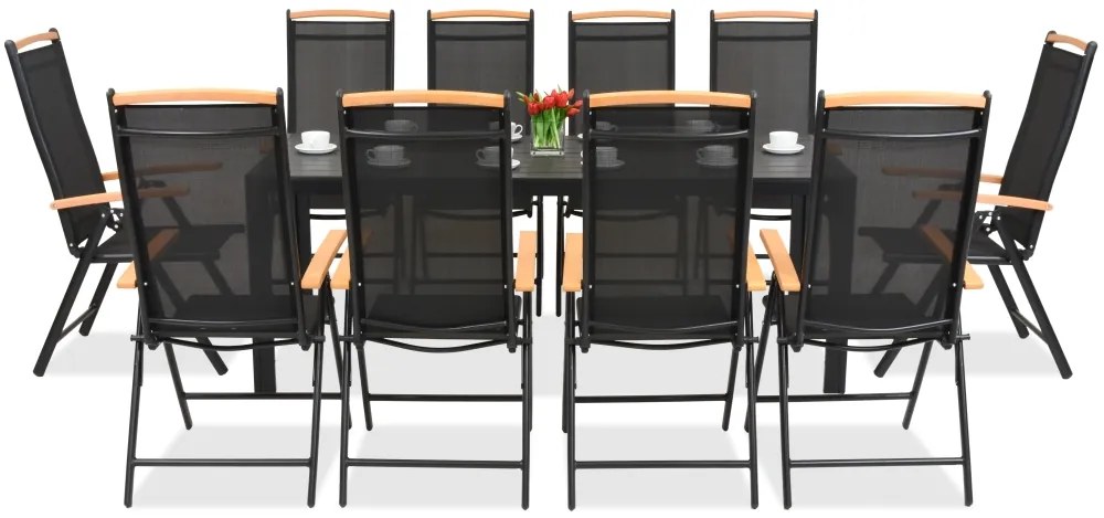 Verona Wood polywood aluminium tuinmeubelen met grote tafel voor 10 personen Garden Point zwart