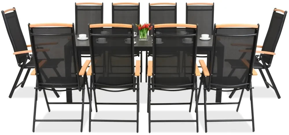 Verona Wood polywood aluminium tuinmeubelen met grote tafel voor 10 personen Garden Point zwart