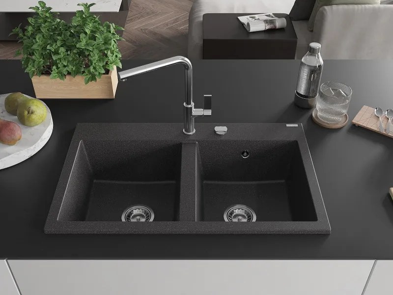 Mexen Hektor granieten gootsteen 2-kamer 800 x 480 mm, zwart gespikkeld, chromen sifon - 6521802000-76