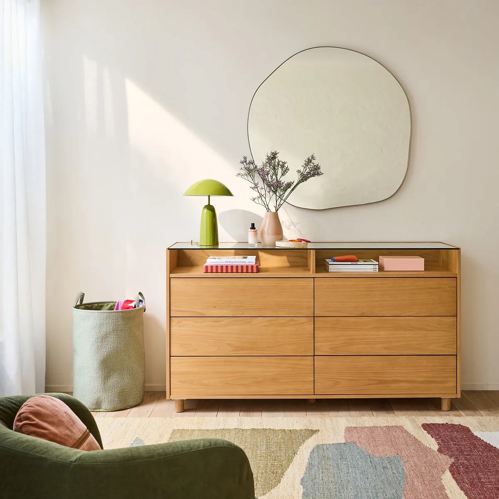 Ladekast van eikenfineer en gehard glas, 6 lades, WALOR