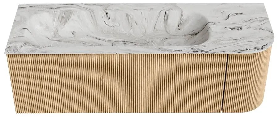 Mondiaz Kurve-dlux 135cm badmeubel ronding rechts oak met 1 lade en deur en wastafel big medium links zonder kraangat glace