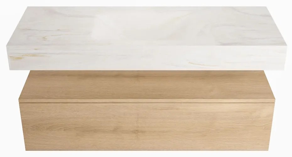 Mondiaz Alan DLux badmeubel 120cm washed oak 1 lade met wastafel ostra midden zonder kraangat