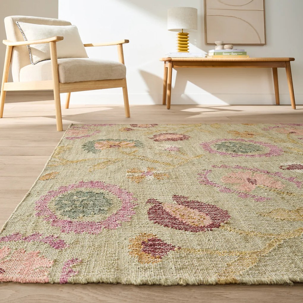 Vloerkleed met bloemmotief, met de hand gevlochten, 80% jute, IZILD