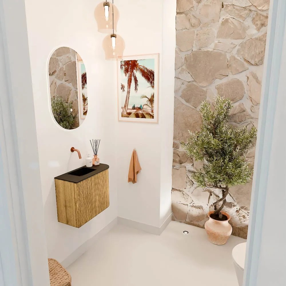 Mondiaz Joya 50cm toiletmeubel ronding rechts oak met wastafel faye links zonder kraangat urban