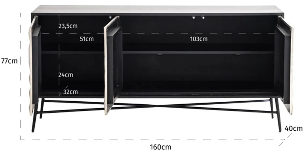 Richmond Interiors Tetro Zwart Dressoir Met Gouden Deuren - 160x40x77cm.