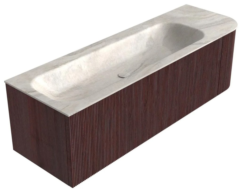 Mondiaz Kurve-dlux 145cm badmeubel ronding rechts ruby met 1 lade en deur en wastafel big large links zonder kraangat ostra