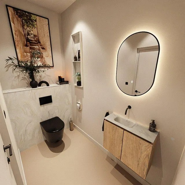 MONDIAZ TURE-DLUX 60cm toiletmeubel Washed Oak. EDEN wastafel Ostra positie links. Zonder kraangat. TUREDX60WASL0OST