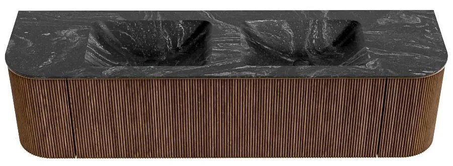 Mondiaz Kurve-dlux 170cm badmeubel ronding links/rechts walnut met 1 lade en 2 deuren en wastafel leaf dubbel 2 kraangaten lava