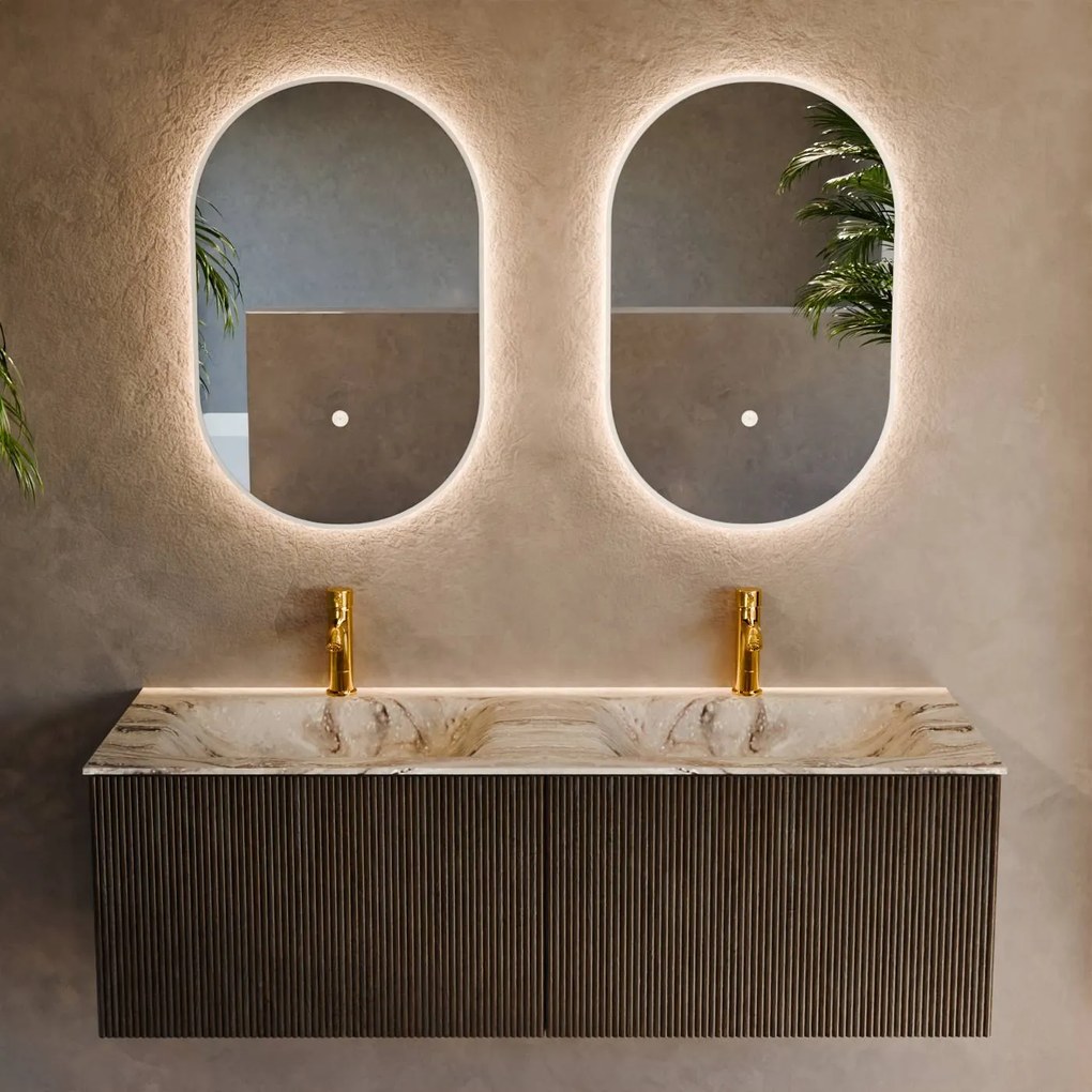 Mondiaz Kurve-dlux 130cm badmeubel shadow met 2 lades en wastafel leaf dubbel 2 kraangaten glace