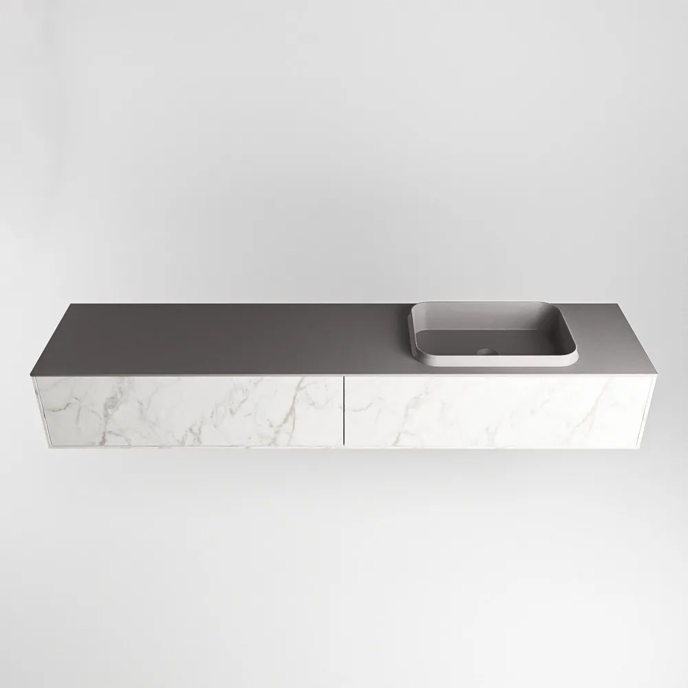 Mondiaz Erin 200cm badmeubel Carrara met 2 lades en donkergrijze wastafel rechts 1 kraangat