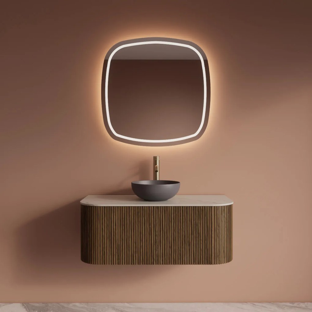 Gliss Design Alluro badmeubel ribbelfront met ronding links/rechts 100cm castle brown en wit marmer toppaneel