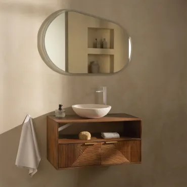 Baty Mangohouten Badkamermeubelset Mangohout & Rond Cement Wit Ø40 Cm Zavion & Ovaal Led En Anticondens 100x80 Cm Riben & Wit ↑30 - Sklum